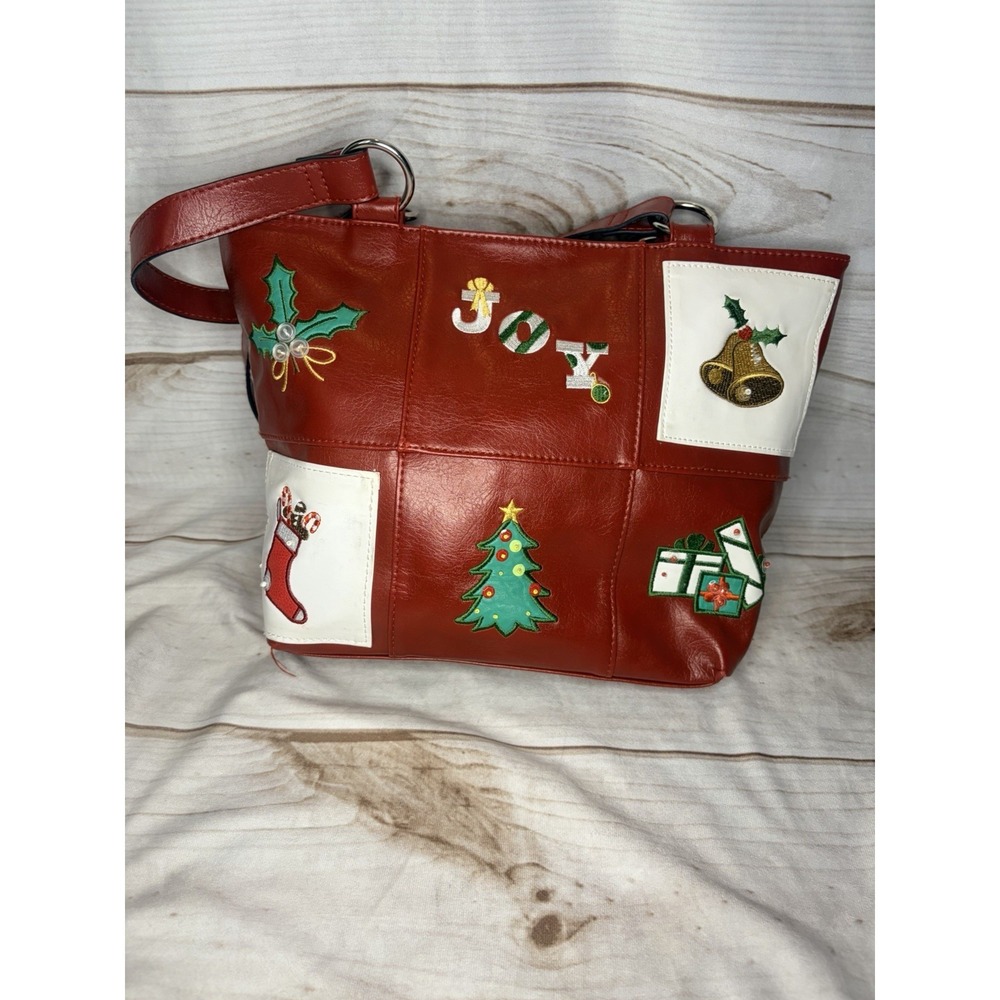 Rosetti Christmas Embroidered Tote Bag Red Faux Leather Holiday Purse Joy Tree